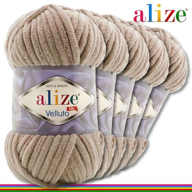 Alize 5 x 100 g Velluto Premium Wolle | 530 Beige | Chenillegarn Samtwolle