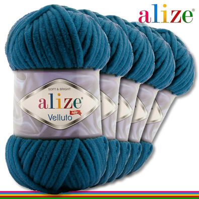 Alize 5 x 100 g Velluto Premium Wolle | 646 Petrol | Chenillegarn Samtwolle