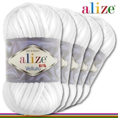 Alize 5 x 100 g Velluto Premium Wolle |55 Weiß|Chenillegarn Samtwolle Handarbeit