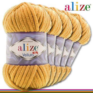 Alize 5 x 100 g Velluto Premium Wolle|02 Senf |Chenillegarn Samtwolle Handarbeit