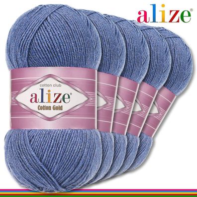 Alize 5x100 g Cotton Gold Premium Wolle Baumwolle - Acryl | Blau Melange 374|
