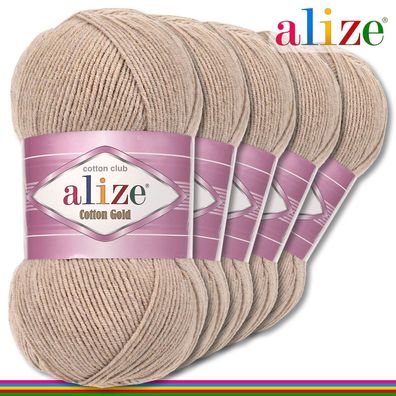 Alize 5x100 g Cotton Gold Premium Wolle Baumwolle - Acryl |Beige Melange 152|
