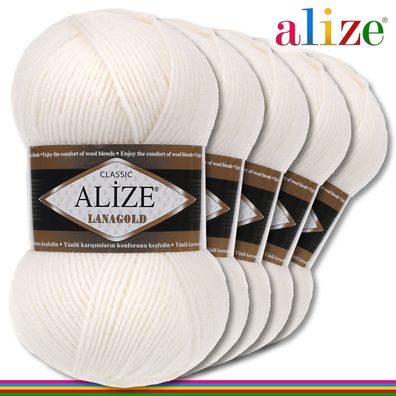 Alize 5x100 g Lanagold Premium Wolle 49% Wolle 51% Acryl|Perlweiß 450|Handarbeit