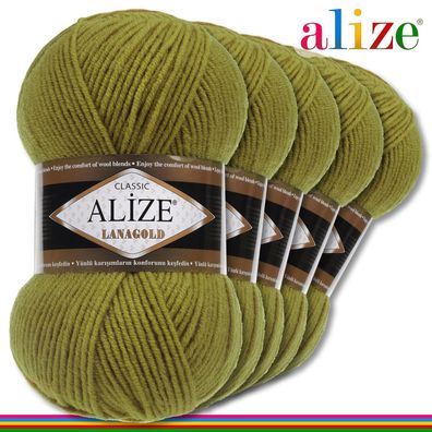 Alize 5x100 g Lanagold Premium Wolle Olivgrün 758 Handarbeit Häkeln Stricken