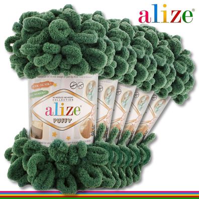 Alize 5x100 g Puffy Premium Wolle | 532 Tannengrün |Schlaufenwolle Handstricken