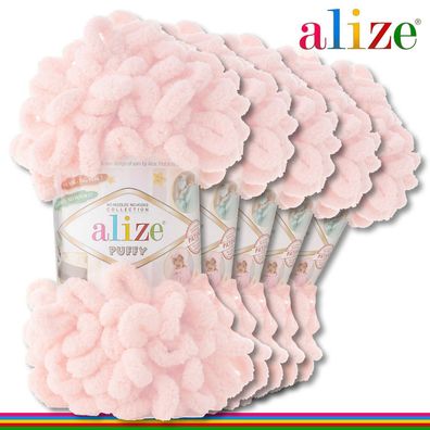 Alize 5x100 g Puffy Premium Wolle | 639 Zartrosa | Schlaufenwolle Handstricken