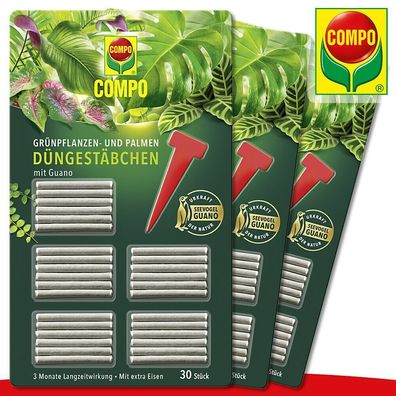 COMPO 3 x 30 Stück Düngestäbchen für Grünpflanzen und Palmen mit Guano
