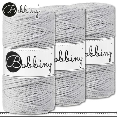 Bobbiny 3 x 100 m Makramee-Kordel 3 mm dreifach gedreht | Light Grey | Premium