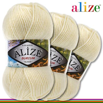 Alize 3 x 100 g Burcum Klassik Wolle 100% Acryl | Creme 01 | Stricken | Klasik