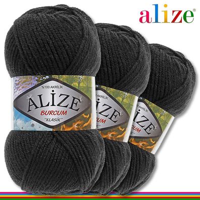 Alize 3 x 100 g Burcum Klassik Wolle 100% Acryl | Schwarz 60 | Stricken | Klasik