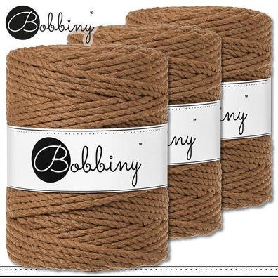 Bobbiny 3 x 100 m Makramee-Kordel 5 mm dreifach gedreht | Caramel | Premium