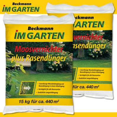 Beckmann 2x 15 kg Moosvernichter plus Rasendünger Langzeitwirkung Moosbekämpfung