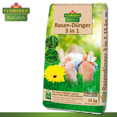 Florissa 15 kg Rasen-Dünger 3 in 1 Proto Plus Organischer Dünger Bio