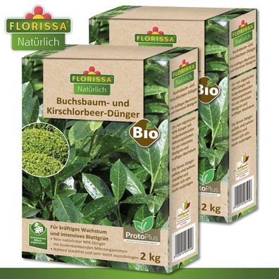 Florissa 2 x 2 kg Buchsbaum- & Kirschlorbeer-Dünger mit ProtoPlus Bio immergrün