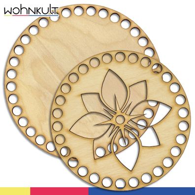 Holzdeckel mit geschnitztem Motiv »Blume« und -boden für Häkelkorb rund