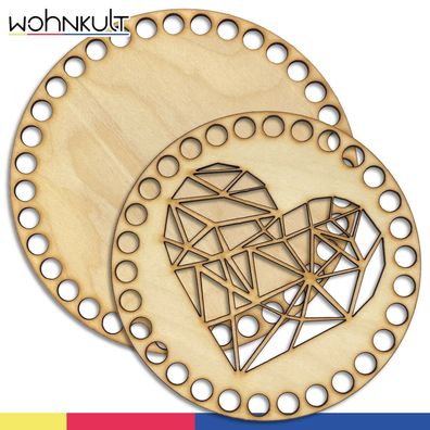 Holzdeckel mit geschnitztem Motiv »Herz« und -boden für Häkelkorb rund
