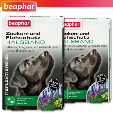 Beaphar 2 x Zecken- und Flohschutz Halsband für Hunde | reflektierend | 65 cm