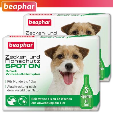 Beaphar 2 x Zecken- und Flohschutz SPOT-ON für Hunde bis 15 kg (je 3 x 1 ml)