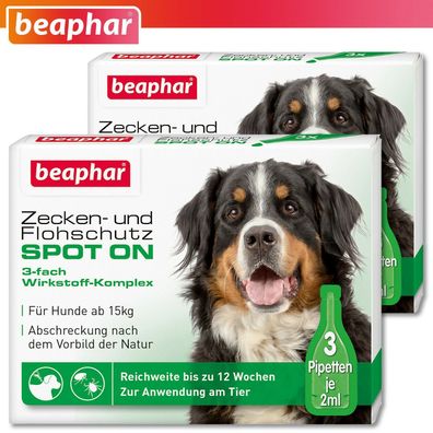 Beaphar 2x Zecken- und Flohschutz SPOT-ON für große Hunde ab 15 kg (je 3 x 2 ml)