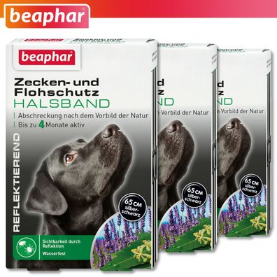 Beaphar 3 x Zecken- und Flohschutz Halsband für Hunde | reflektierend | 65 cm