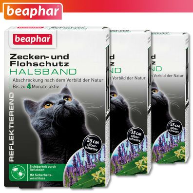 Beaphar 3 x Zecken- und Flohschutz Halsband für Katzen | reflektierend | 35 cm