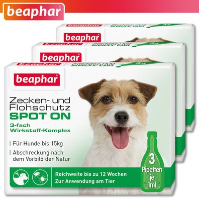 Beaphar 3 x Zecken- und Flohschutz SPOT-ON für Hunde bis 15 kg (je 3 x 1 ml)