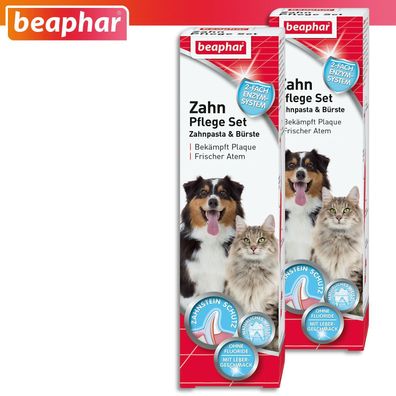Beaphar 2 x Zahn-Pflege-Set: Zahnpasta + Zahnbürste für Hund und Katze