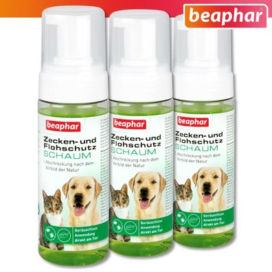Beaphar 3 x 150 ml Zecken- und Flohschutz Schaum für Hunde und Katzen