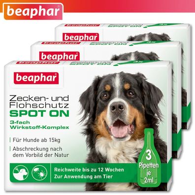 Beaphar 3x Zecken- und Flohschutz SPOT-ON für große Hunde ab 15 kg (je 3 x 2 ml)
