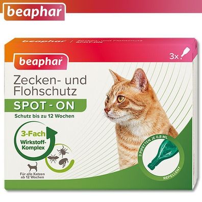 Beaphar Zecken und Flohschutz SPOT-ON für Katzen (3x 0,8 ml) Parasiten Vergrämer