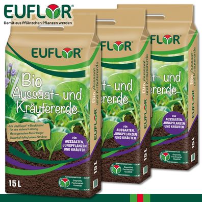 Euflor 3x 15L Bio Aussaat- und Kräutererde Anzucht Nährstoffe Beet Gewächshaus