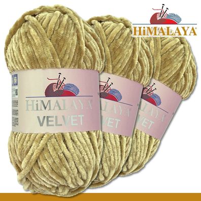 Himalaya 3x100 g Velvet Premium Wolle | 90017 Sandstein|Chenille Stricken Häkeln