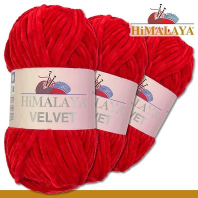 Himalaya 3x100 g Velvet Premium Wolle | 90018 Rot |Chenille Stricken Häkeln