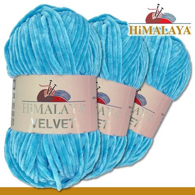 Himalaya 3x100 g Velvet Premium Wolle | 90027 Hellblau| Chenille Stricken Häkeln