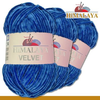 Himalaya 3x100 g Velvet Premium Wolle | 90029 Blau | Chenille Stricken Häkeln
