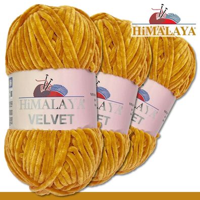 Himalaya 3x100 g Velvet Premium Wolle | 90030 Senf |Chenille Stricken Häkeln