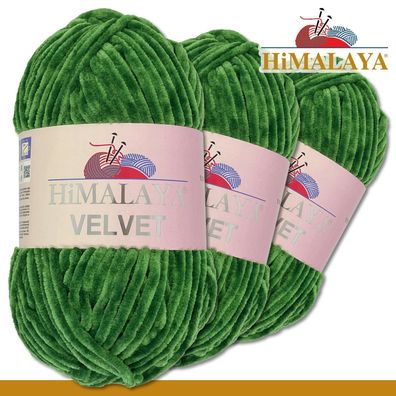Himalaya 3x100 g Velvet Premium Wolle | 90060 Grün |Chenille Stricken Häkeln