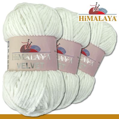 Himalaya 3x100 g Velvet Premium Wolle | 90063 Weiß |Chenille Stricken Häkeln