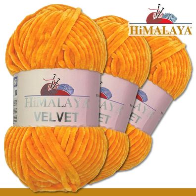 Himalaya 3x100 g Velvet Premium Wolle | 90068 Orange |Chenille Stricken Häkeln