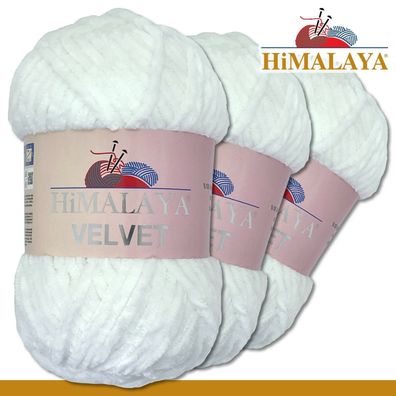 Himalaya 3x100 g Velvet Premium Wolle |90001 Schneeweiß|Chenille Stricken Häkeln
