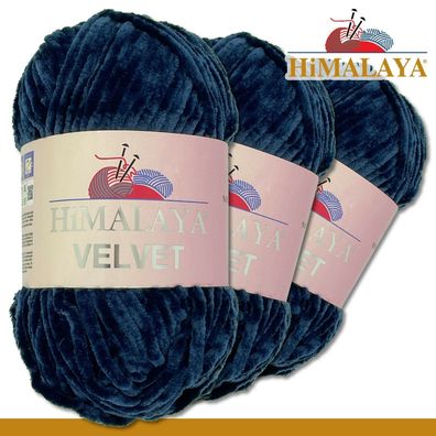 Himalaya 3x100 g Velvet Premium Wolle |90021 Dunkelblau|Chenille Stricken Häkeln