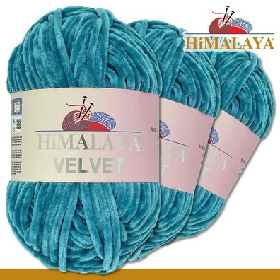 Himalaya 3x100 g Velvet Premium Wolle|90041 Pazifikblau|Chenille Stricken Häkeln