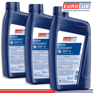 EuroLub 3 x 1 l Bremsflüssigkeit DOT4 Brake Fluid DOT4 ISO 4925 (Class 4)