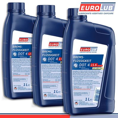EuroLub 3 x 1 l Bremsflüssigkeit DOT4 LS.6 (Class6) nach ABS, ASR und ESP