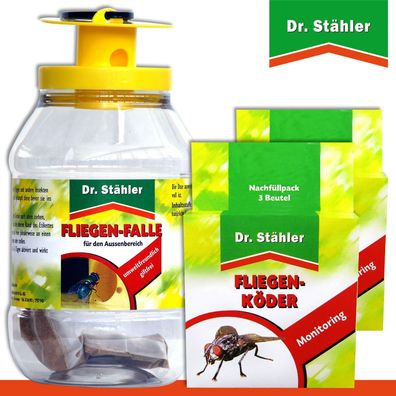 Dr. Stähler 1x Fliegen-Falle + 2x 3 Beutel Nachfüllpack FliegenKöder Monitoring