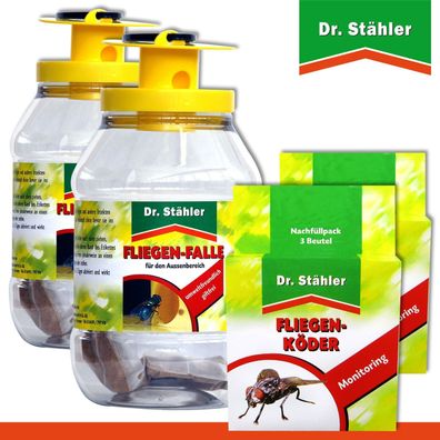 Dr. Stähler 2 x Fliegen-Falle + 2 x 3 Beutel Nachfüllpack FliegenKöder (Gr. Mittel)