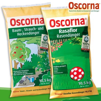 Oscorna® Set: Rasaflor Rasendünger + Baum-, Strauch- & Heckendünger (je 10,5 kg)