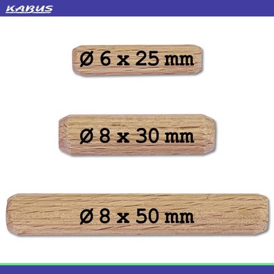 Kabus 3er-Set: 300 Stück Holzdübel aus Buche je 100 x Ø6x25mm, Ø8x30mm + Ø8x50mm