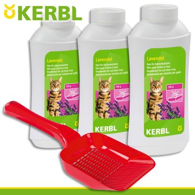 Kerbl 3 x 700 g Deo-Konzentrat für Katzentoilette Lavendel + Katzenstreuschaufel
