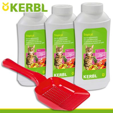 Kerbl 3 x 700 g Deo-Konzentrat für Katzentoilette Tropical + Katzenstreuschaufel